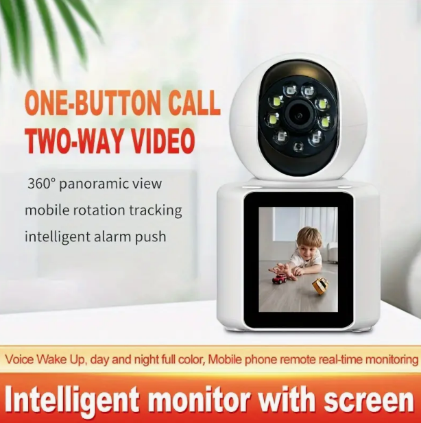 Videocamera WiFi Bidirezionale HD 2MP con Schermo IPS da 2,8'' - Telecamera di Sicurezza Domestica PTZ 360°, Audio, Visione Notturna e Tracciamento Automatico