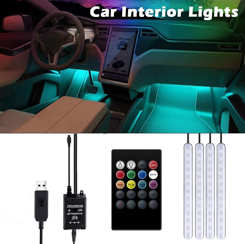 Striscia LED AutoLuci LED Interne per Auto con 48 LED RGB 4 Barre Striscia LED Auto 8 Colori Illuminazione Auto Strisce 4 Modalità Musica Telecomando  Alimentato da USB