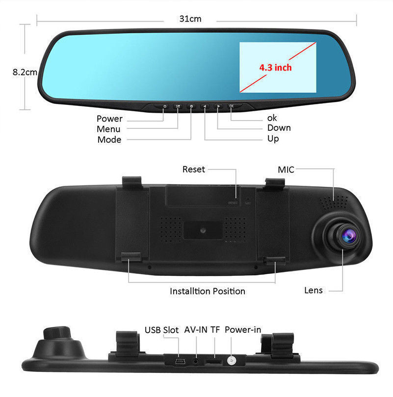 Telecamera per Auto Specchietto Retrovisore 4.3” Full HD 1080P – Dash Cam con Doppia Lente, Visione Notturna